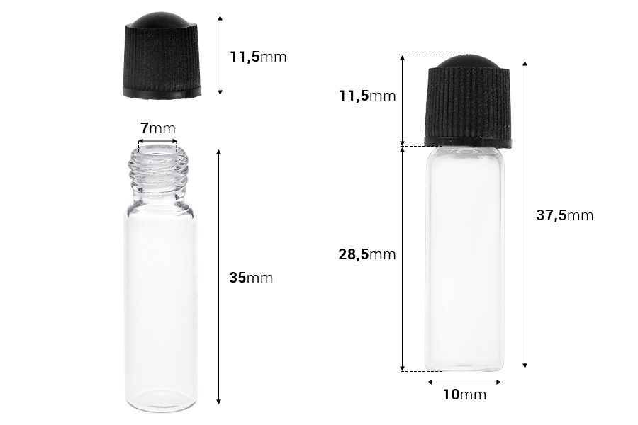 Mini staklena bočica 1mL, sa crnim, plastičnim navojnim zatvaračem - 25 kom-dimenzije_slike