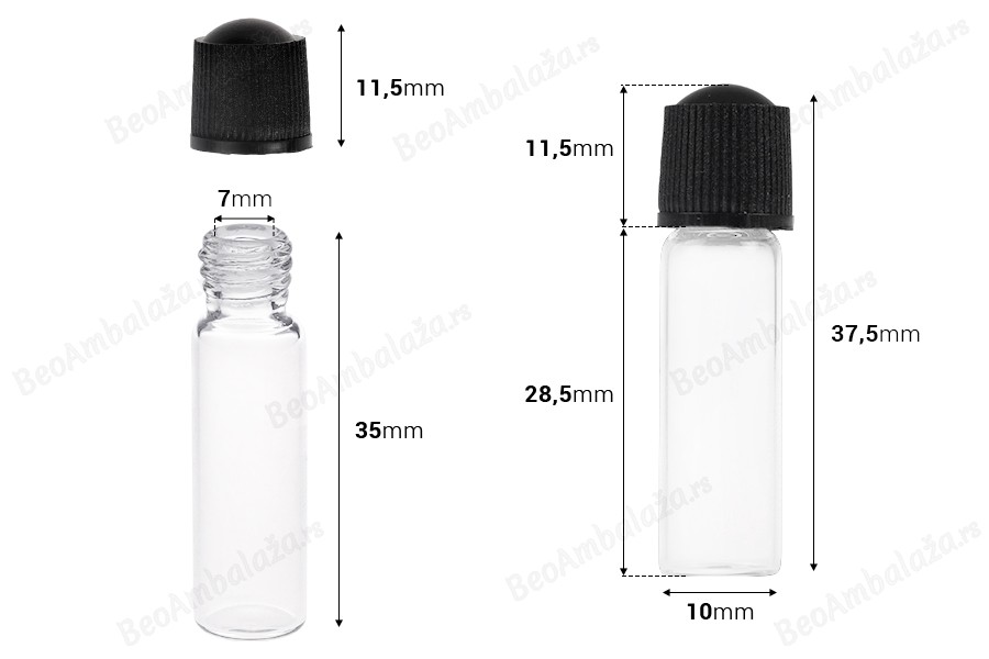 Mini staklena bočica 1mL, sa crnim, plastičnim navojnim zatvaračem - 25 kom-dimenzije_slike