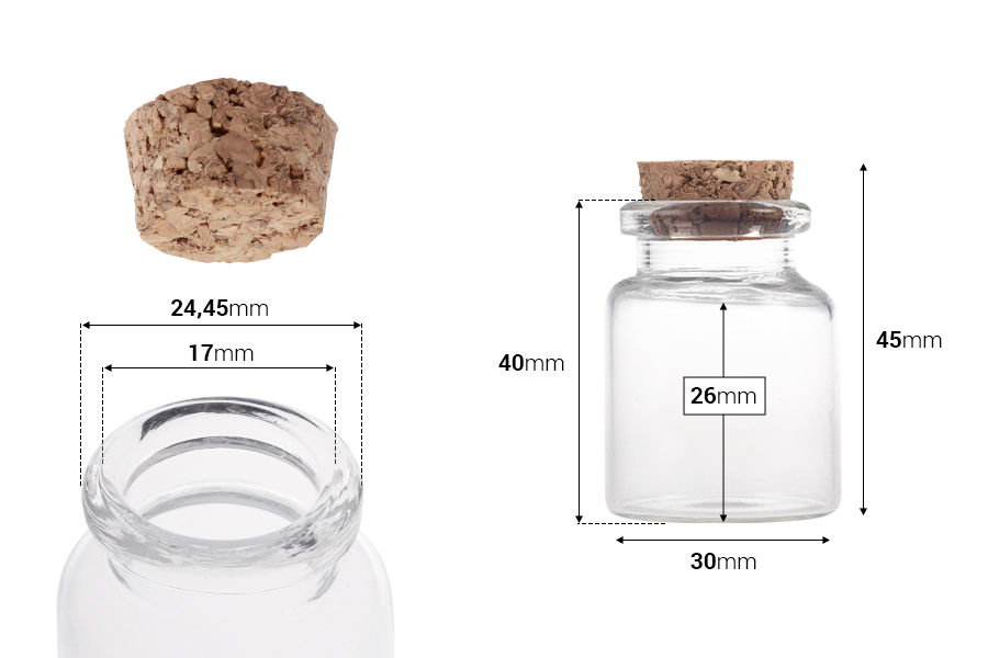 Staklena flašica sa plutanim čepom za poklončiće 15mL, 30x45 mm - 12 kom-dimenzije_slike