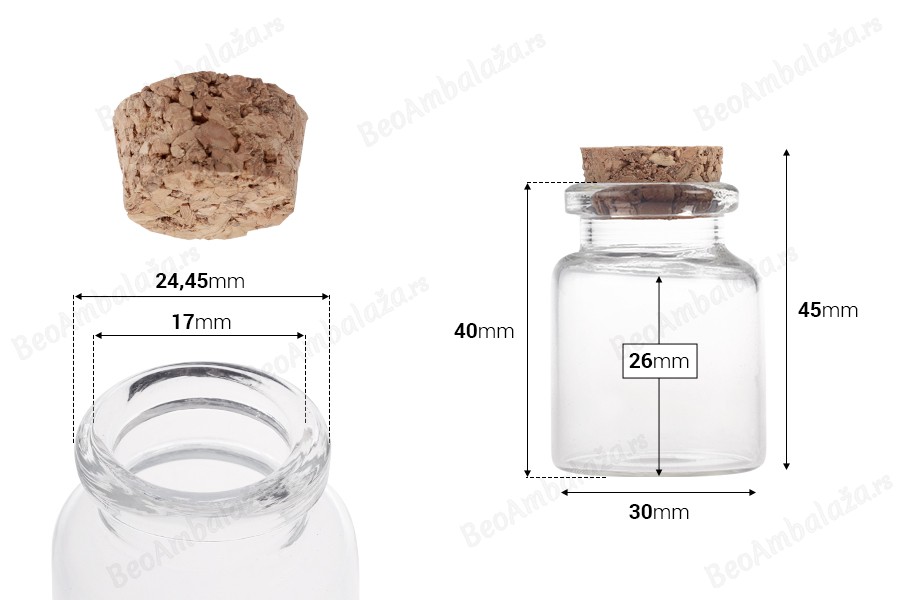 Staklena flašica sa plutanim čepom za poklončiće 15mL, 30x45 mm - 12 kom-dimenzije_slike