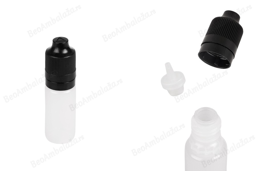 Plastična poluprovidna flašica 10mL sa crnim plastičnim zatvaračem CRC i plastičnom kapalicom, za elektronske cigarete - 50 kom-slika_proizvoda