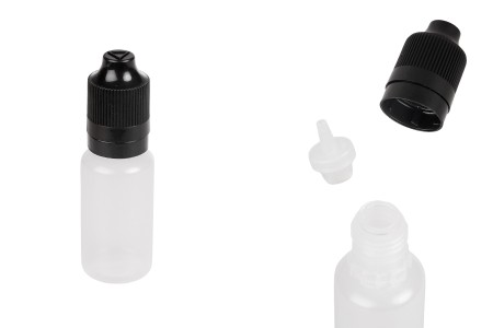 Plastična poluprovidna flašica 15mL sa crnim plastičnim zatvaračem CRC i plastičnom kapalicom, za elektronske cigarete - 50 kom-slika_proizvoda