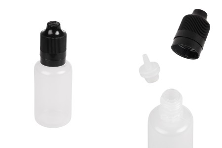 Plastična poluprovidna flašica 30mL sa crnim plastičnim zatvaračem CRC i plastičnom kapalicom, za elektronske cigarete - 50 kom-slika_proizvoda