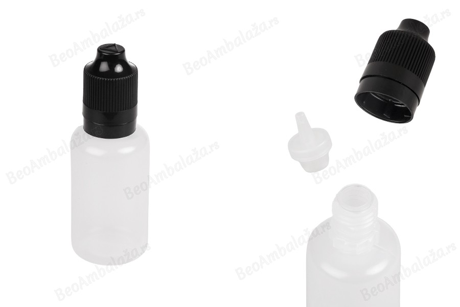 Plastična poluprovidna flašica 30mL sa crnim plastičnim zatvaračem CRC i plastičnom kapalicom, za elektronske cigarete - 50 kom-slika_proizvoda