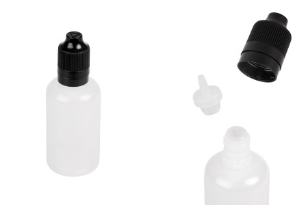 Plastična poluprovidna flašica 50mL sa crnim plastičnim zatvaračem CRC i plastičnom kapalicom, za elektronske cigarete - 50 kom-slika_proizvoda