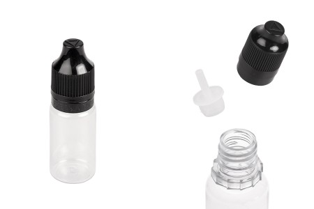 Plastična providna flašica 10mL sa crnim plastičnim zatvaračem CRC i plastičnom kapalicom, za elektronske cigarete - 50 kom-slika_proizvoda