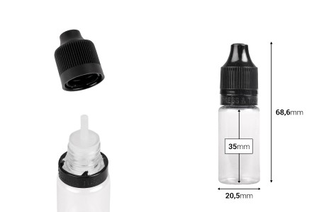 Plastična providna flašica 10mL sa crnim plastičnim zatvaračem CRC i plastičnom kapalicom, za elektronske cigarete - 50 kom-dimenzije_slike