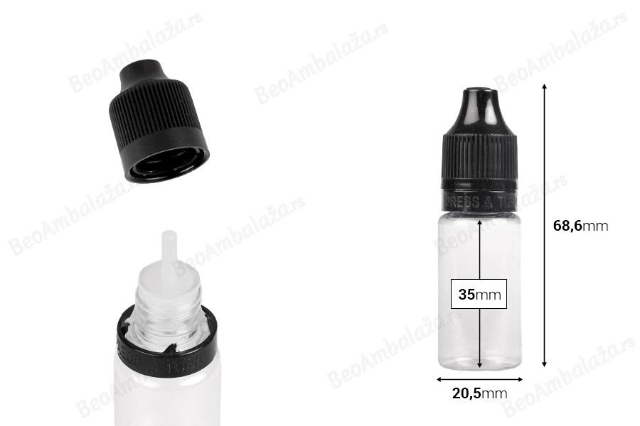 Plastična providna flašica 10mL sa crnim plastičnim zatvaračem CRC i plastičnom kapalicom, za elektronske cigarete - 50 kom-dimenzije_slike