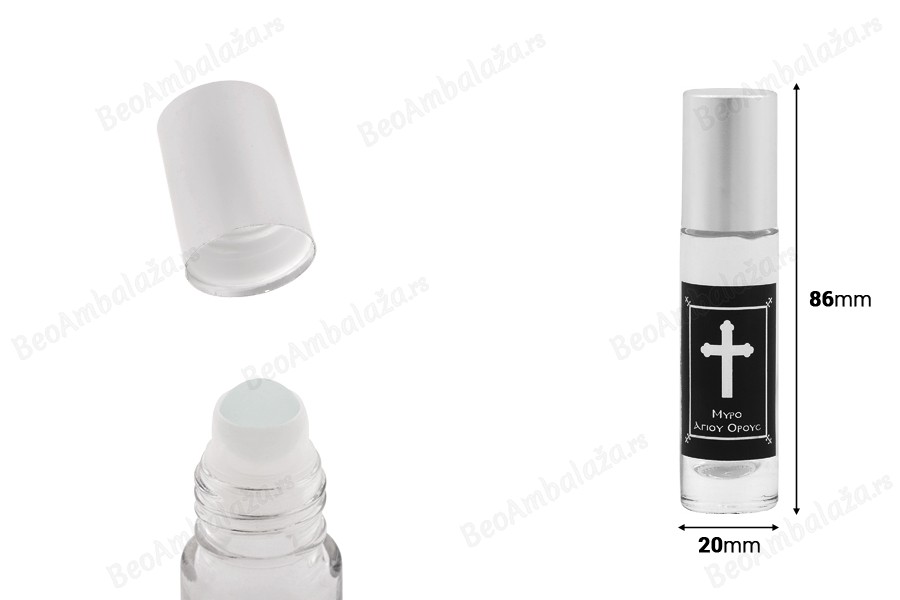 Staklena roll-on bočica 10mL sa staklenom kuglicom, krstom na crnoj nalepnici i aluminijumskim zatvaračem - 12 kom-dimenzije_slike