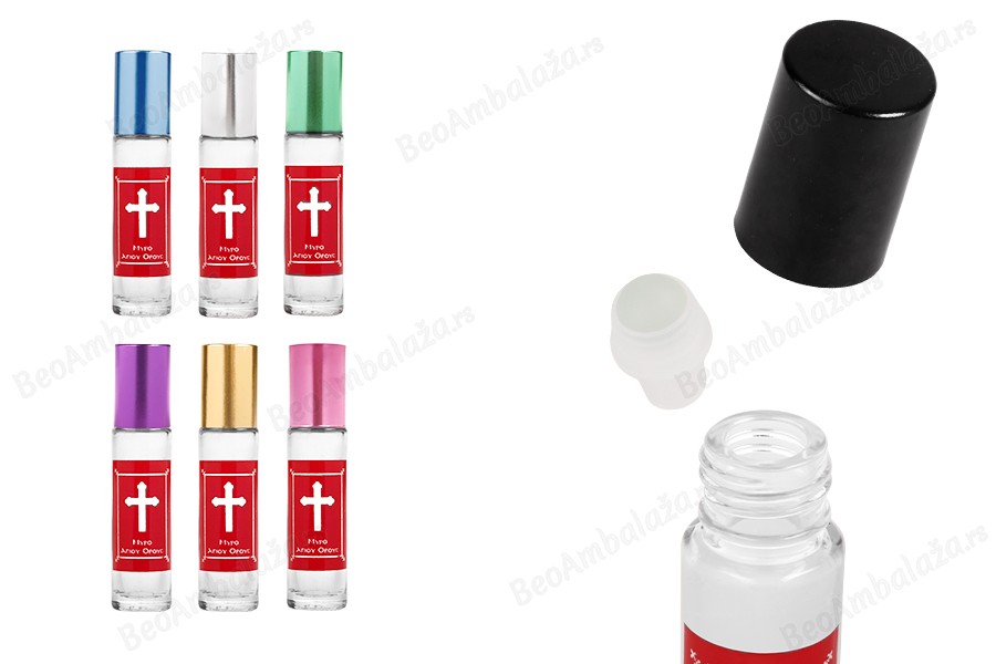 Staklena roll-on bočica 10mL sa staklenom kuglicom, krstom na crvenoj nalepnici i aluminijumskim zatvaračem - 12 kom-slika_proizvoda