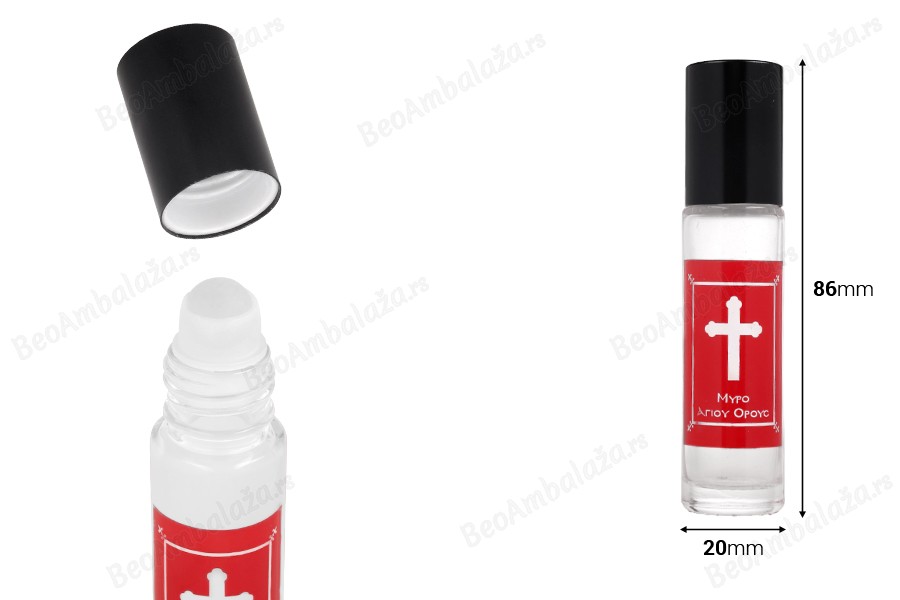 Staklena roll-on bočica 10mL sa staklenom kuglicom, krstom na crvenoj nalepnici i aluminijumskim zatvaračem - 12 kom-dimenzije_slike