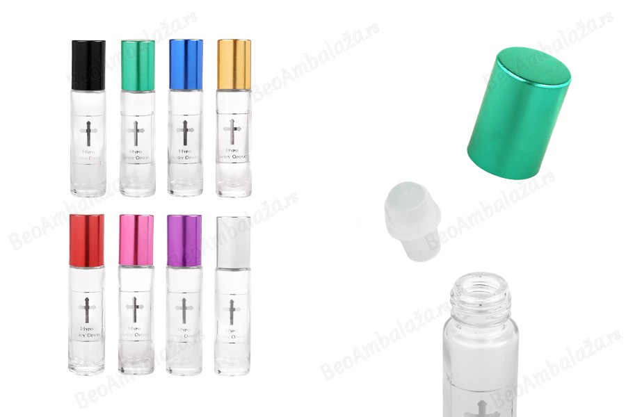 Staklena roll-on bočica 10mL sa staklenom kuglicom, srebrnim krstom i aluminijumskim zatvaračem - 12 kom-slika_proizvoda