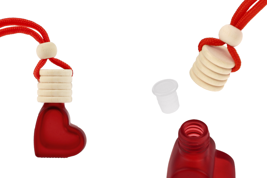 Staklena crvena mat bočica od 4 mL u obliku srca za osveživač automobila sa drvenim zatvaračem i čepom - 25 kom-slika_proizvoda