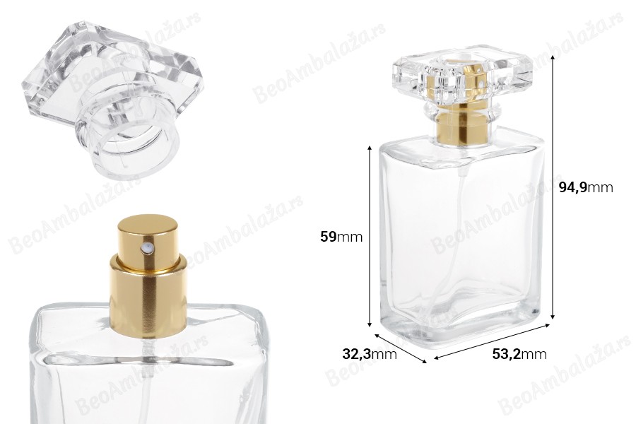 Staklena parfemska bočica 50mL providna sa sprejom i poklopcem-dimenzije_slike