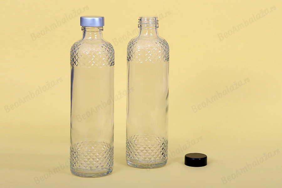 Staklena providna flaša 330mL sa reljefastim detaljima-dimenzije_slike