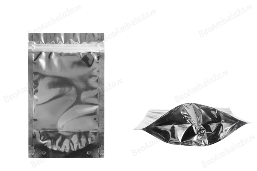 Aluminijumske DoyPack kesice 120x30x200mm sa zipom, transparentnom prednjom stranom, ovalnim dnom i sa mogućnošću termo zatvaranja – 100kom-slika_proizvoda