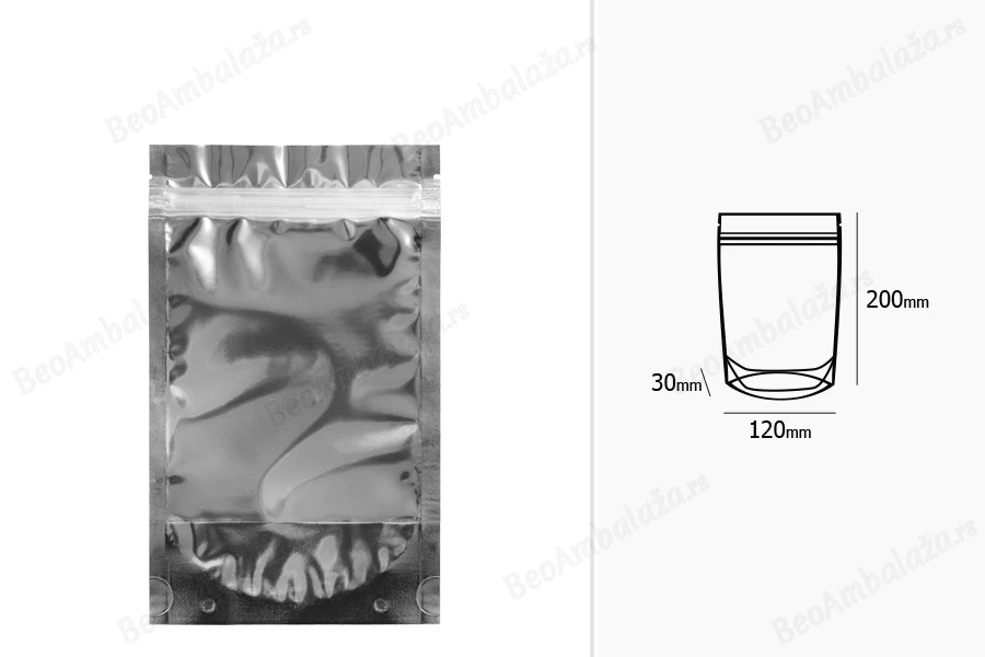 Aluminijumske DoyPack kesice 120x30x200mm sa zipom, transparentnom prednjom stranom, ovalnim dnom i sa mogućnošću termo zatvaranja – 100kom-dimenzije_slike