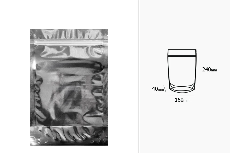 Aluminijumske DoyPack kesice 160x40x240mm sa zipom, transparentnom prednjom stranom, ovalnim dnom i sa mogućnošću termo zatvaranja – 100kom Aluminijumske DoyPack kesice 160x40x240mm sa zipom, transparentnom prednjom stranom, ovalnim dnom i sa mogućnošću termo zatvaranja – 100kom