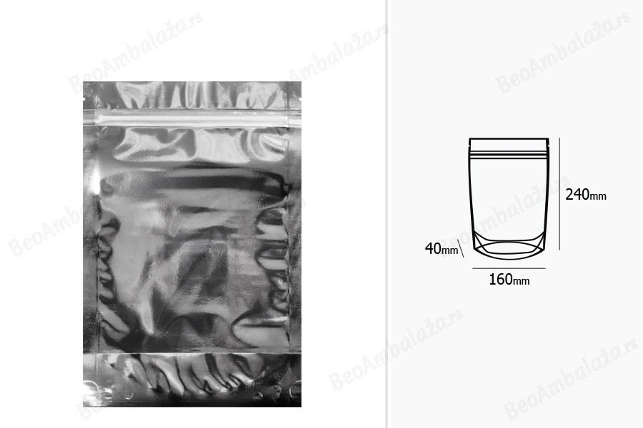 Aluminijumske DoyPack kesice 160x40x240mm sa zipom, transparentnom prednjom stranom, ovalnim dnom i sa mogućnošću termo zatvaranja – 100kom-dimenzije_slike