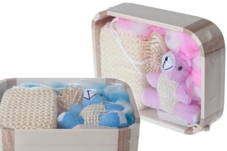 Set za kupatila u drvenoj korpi (roze - plave boje)-1