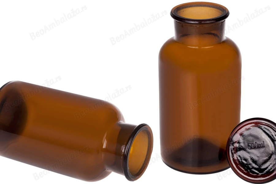 Farmaceutska staklena flašica 500mL, smeđe boje sa staklenim zatvaračem-dimenzije_slike