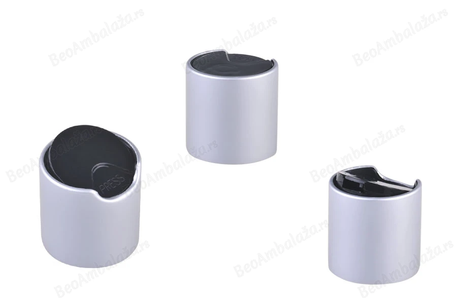 Plastični srebrni mat disk top zatvarač sa aluminijumskom presvlakom, i sa crnim diskom PP 24-dimenzije_slike