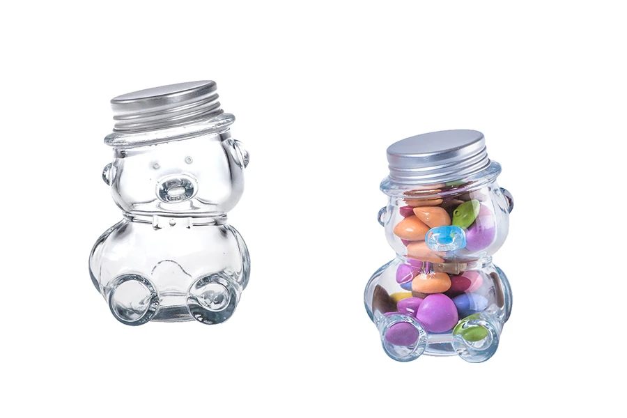 Staklena teglica u obliku medveda 80mL sa aluminijumskim zatvaračem u srebrnoj boji-slika_proizvoda