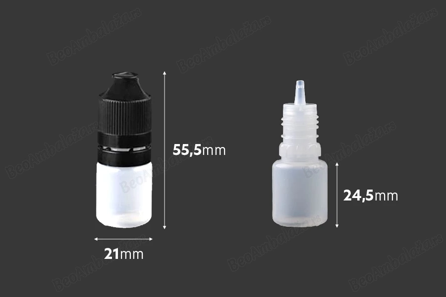 Plastična poluprovidna flašica 5mL sa crnim plastičnim zatvaračem CRC i plastičnom kapalicom, za elektronske cigarete - 50 kom-dimenzije_slike