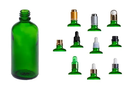 Zelena staklena bočica za etarska ulja 100mL, sa grlom PP18-8