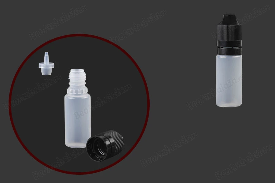 Plastična poluprovidna flašica 10mL sa crnim plastičnim zatvaračem CRC i plastičnom kapalicom, za elektronske cigarete - 50 kom-slika_proizvoda