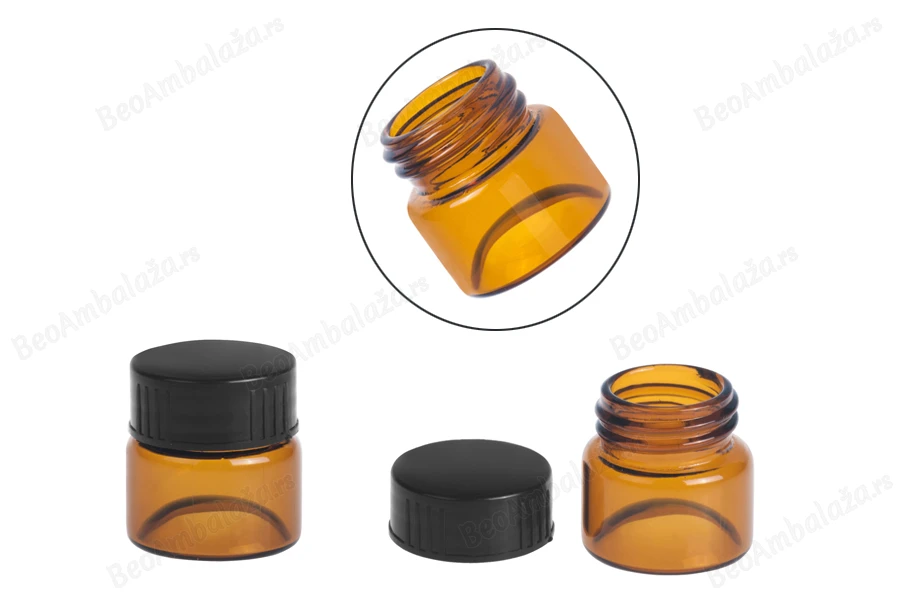 Staklena teglica 5mL, providna ili u karamel boji, sa plastičnim crnim zatvaračem-dimenzije_slike
