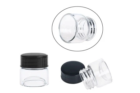 Staklena teglica 5mL, providna ili u karamel boji, sa plastičnim crnim zatvaračem-3