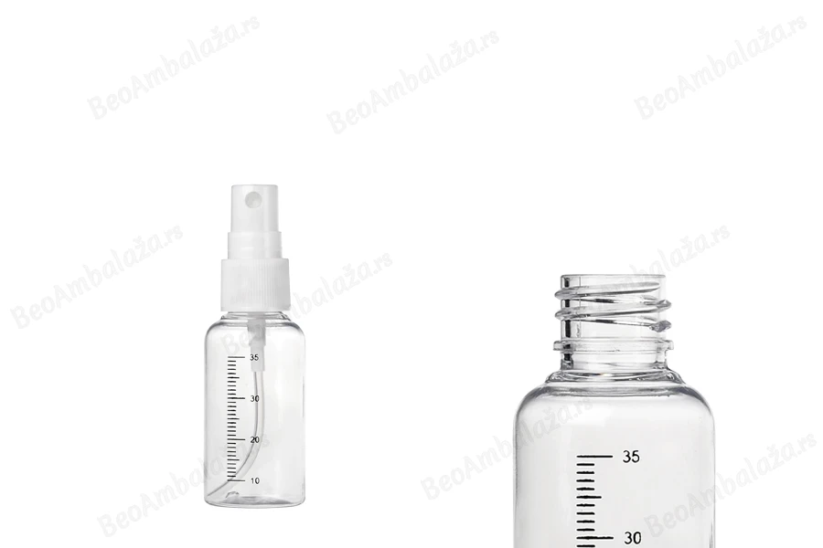 Providna plastična flašica 35mL sa mernim oznakama, sprejom i zatvaračem - 12 kom-dimenzije_slike