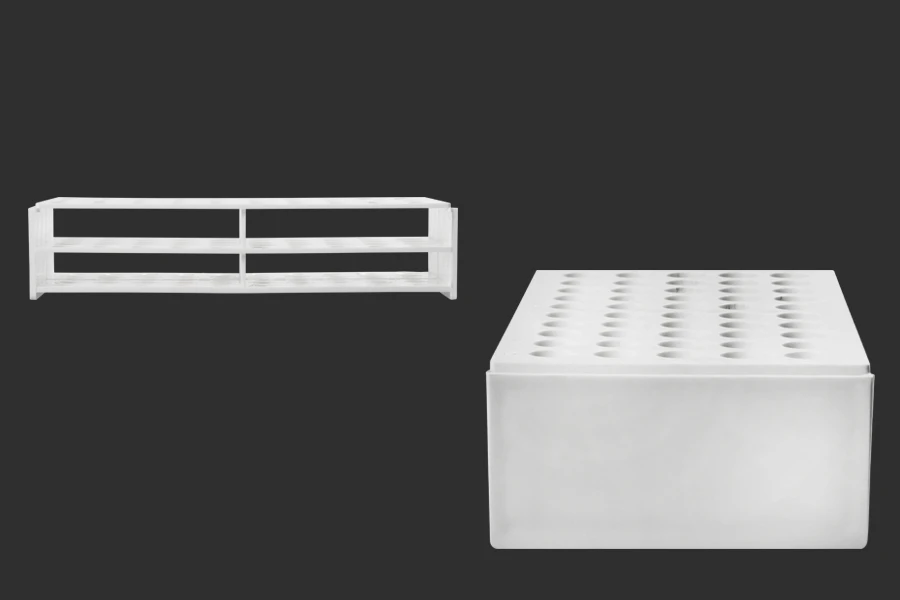 Plastični beli stalak 238x110x55 mm – 50 mesta (prečnik otvora 16 mm) Plastični beli stalak 238x110x55 mm – 50 mesta (prečnik otvora 16 mm)