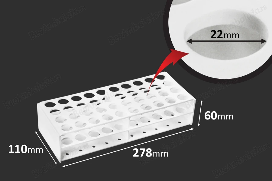 Plastični beli stalak 278x110x60 mm - 40 mesta (prečnik otvora 22 mm)-dimenzije_slike