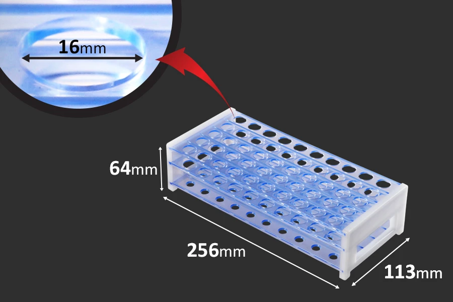 Plastični stalak 251x107x68 mm – 50 mesta (prečnik otvora 16 mm)