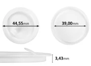 Plastični međupoklopac (PE) bele boje, visine 3,43 mm i prečnika 44,55 mm (mali prečnik: 39 mm) - 12 kom Plastični međupoklopac (PE) bele boje, visine 3,43 mm i prečnika 44,55 mm (mali prečnik: 39 mm) - 12 kom