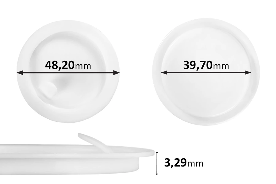 Plastični međupoklopac (PE) bele boje, visine 3,29 mm i prečnika 48,20 mm (mali prečnik: 39,70 mm) - 12 kom Plastični međupoklopac (PE) bele boje, visine 3,29 mm i prečnika 48,20 mm (mali prečnik: 39,70 mm) - 12 kom