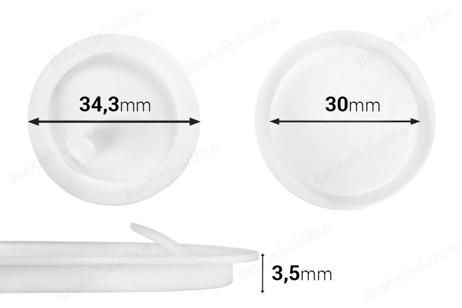 Plastični međupoklopac (PE) bele boje, visine 3,50 mm i prečnika 34,30 mm (mali prečnik: 30 mm) - 12 kom-slika_proizvoda
