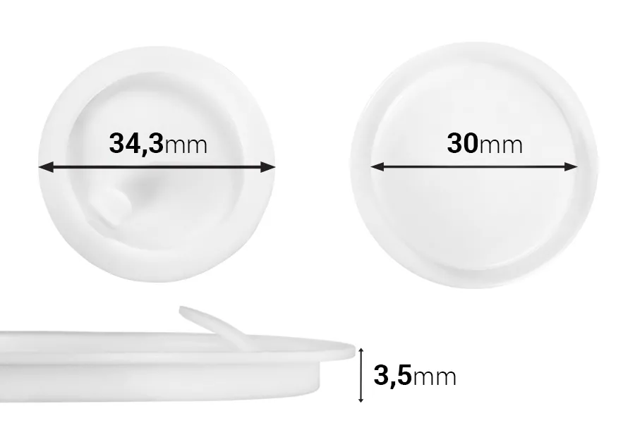 Plastični međupoklopac (PE) bele boje, visine 3,50 mm i prečnika 34,30 mm (mali prečnik: 30 mm) - 12 kom Plastični međupoklopac (PE) bele boje, visine 3,50 mm i prečnika 34,30 mm (mali prečnik: 30 mm) - 12 kom