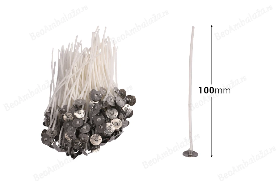 Pamučni voskirani fitilj dužine 100mm sa metalnom podlogom za sveće - 50 kom-dimenzije_slike