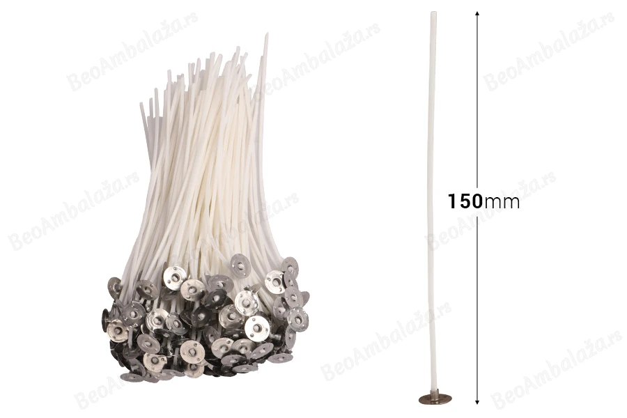 Pamučni voskirani fitilj dužine 150mm sa metalnom podlogom za sveće - 100 kom-dimenzije_slike