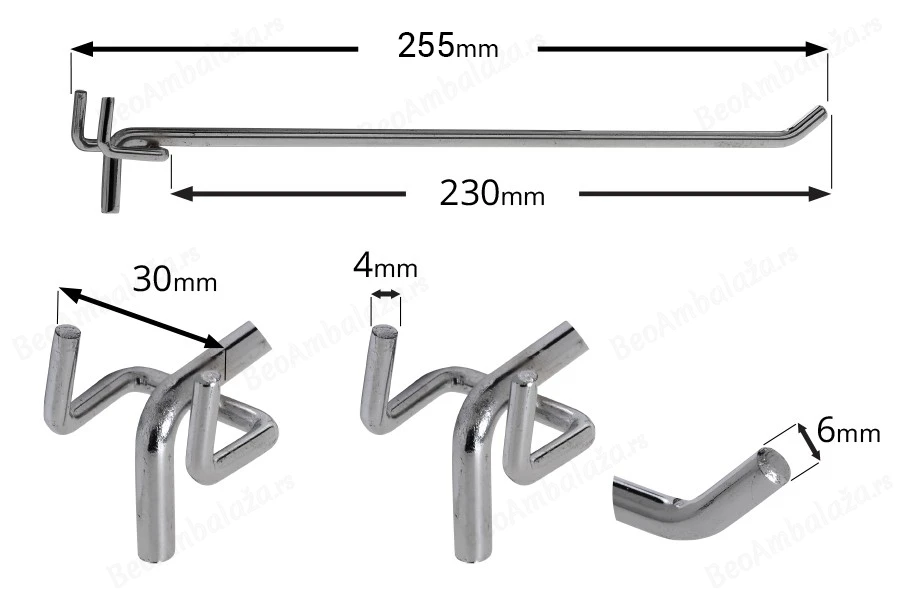 Metalna kukica 255mm za izlaganje proizvoda - 20 kom-