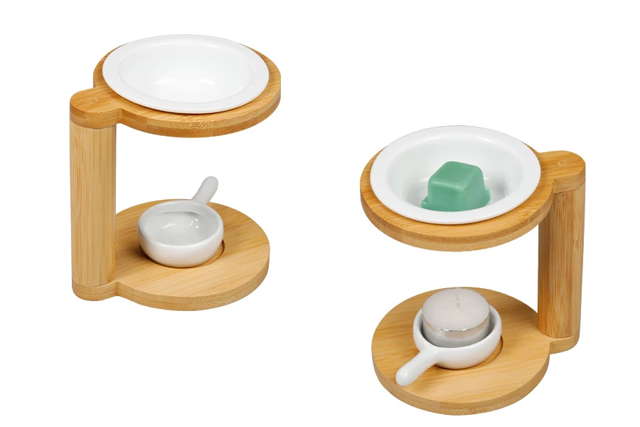 Drveni osveživač prostora sa keramičkom posudom za aromatične voskove ili ulja i sa keramičkom kašičicom za svećicu-grupa_slika