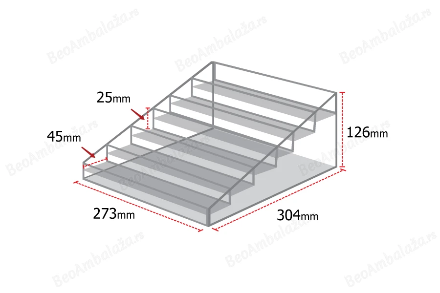 Stalak (postolje) od pleksiglasa 273x304x126mm sa 6 nivoa-