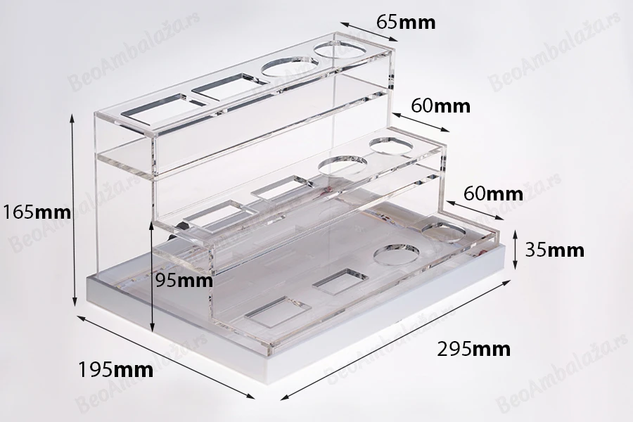 Stalak od plexiglassa osvetljen sa LED trakom za flašice za parfeme i flašice raznih oblika, osnova je bela ili crna – za 12 bočica-dimenzije_slike