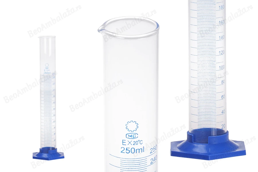 Staklena menzura 250ml sa plastičnim plavim postoljem-slika_proizvoda