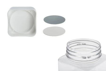 Plastična (PET) kockasta tegla za soli za kupanje 520mL, sa belim zatvaračem i zaptivkom na indukciono lepljenje-3
