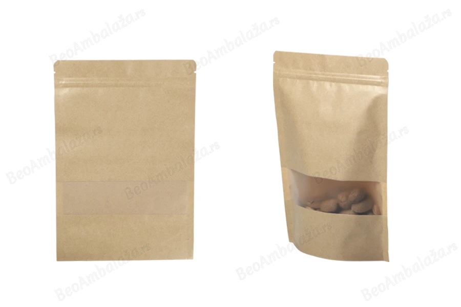 Kraft DoyPack  200x50x295 mm kesice sa zip zatvaranjem i prozorom, unutrašnjom i spoljašnjom providnom oblogom, ovalnim dnom i sa mogućnošću termo zatvaranja - 100 kom-slika_proizvoda