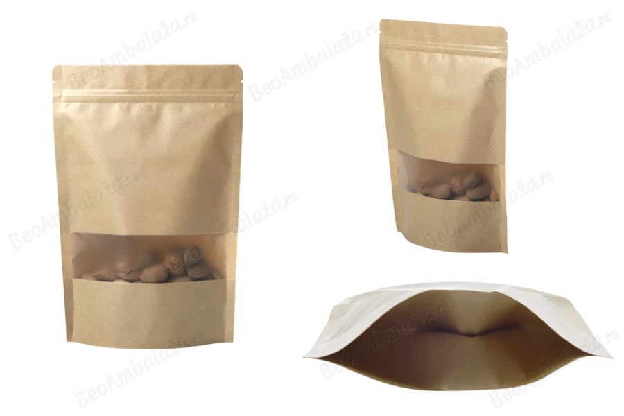 Kraft DoyPack  200x50x295 mm kesice sa zip zatvaranjem i prozorom, unutrašnjom i spoljašnjom providnom oblogom, ovalnim dnom i sa mogućnošću termo zatvaranja - 100 kom-grupa_slika